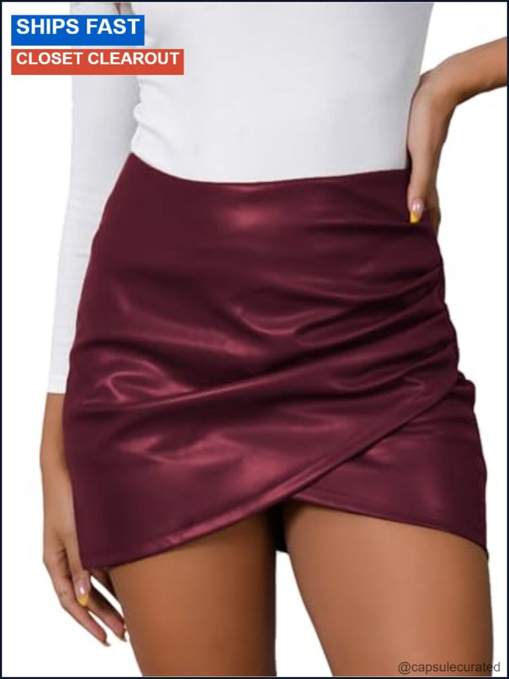 Faux Leather Mini Skirt Asymmetrical Ruched Wrap Bodycon Women's